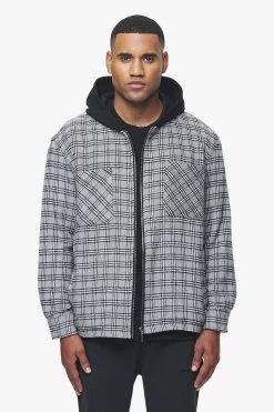 Fontana Hooded Hairy Zip Flannel Jacket Grey Black