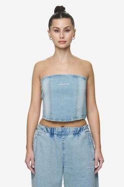 Miranda Denim Tube Top Washed Pale Blue Bleached Blue